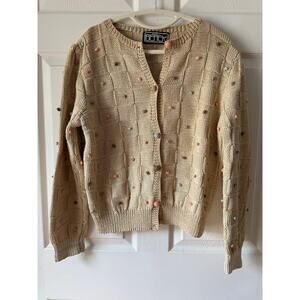 Berek Hand Knit Vintage 80s 90s Cotton Cardigan Pom Pom Sweater Size M Whimsical